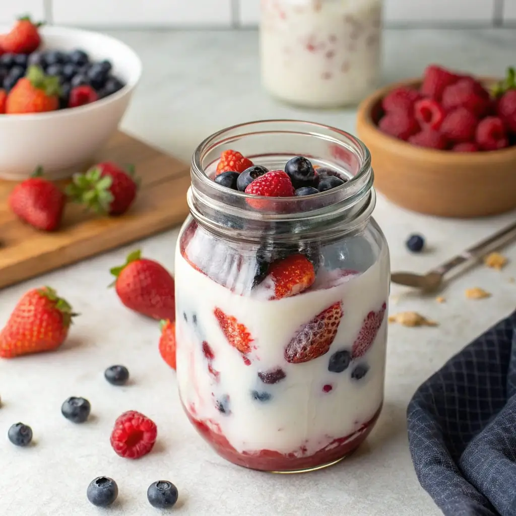 Gut-Friendly Berry Kefir Tonic – Refreshing, Probiotic-Packed Power Drink - Easy Quick Recipe - Easy Quick Recipe A chilled glass of Gut-Friendly Berry Kefir Tonic with a pinkish-purple hue, garnished with fresh berries and mint leaves, served over ice in a clear glass.