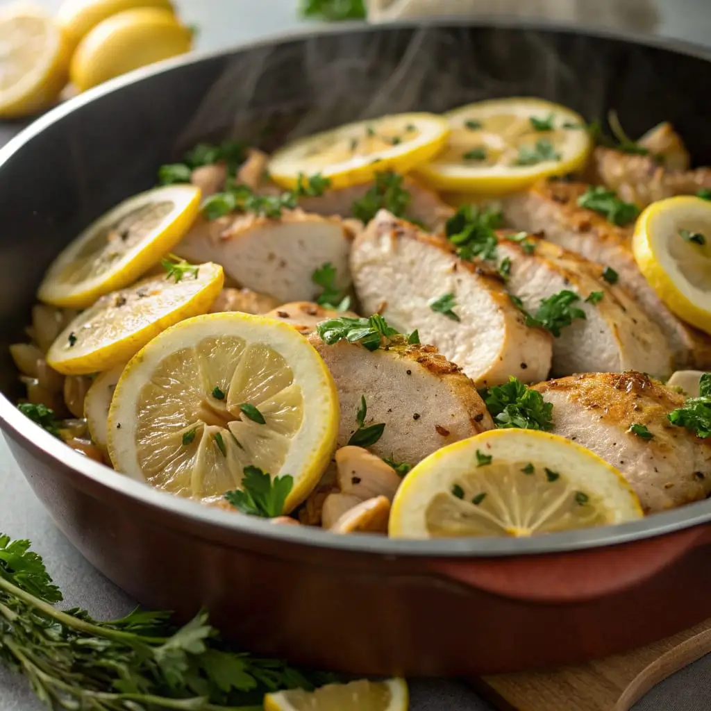 A rustic skillet filled with golden-browned turkey pieces, sautéed with lemon slices, garlic cloves, and fresh herbs, all glistening in a light, zesty sauce.