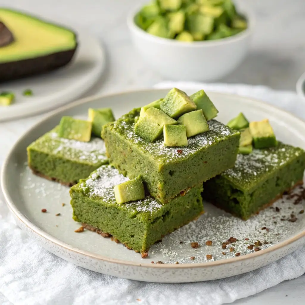 Avocado Matcha Brownies – Fudgy, Green & Guilt-Free - Easy Quick Recipe - Easy Quick Recipe Fudgy green avocado matcha brownies cut into squares, showing a moist interior with a vibrant matcha hue, garnished with a sprinkle of powdered sugar and sliced avocado.