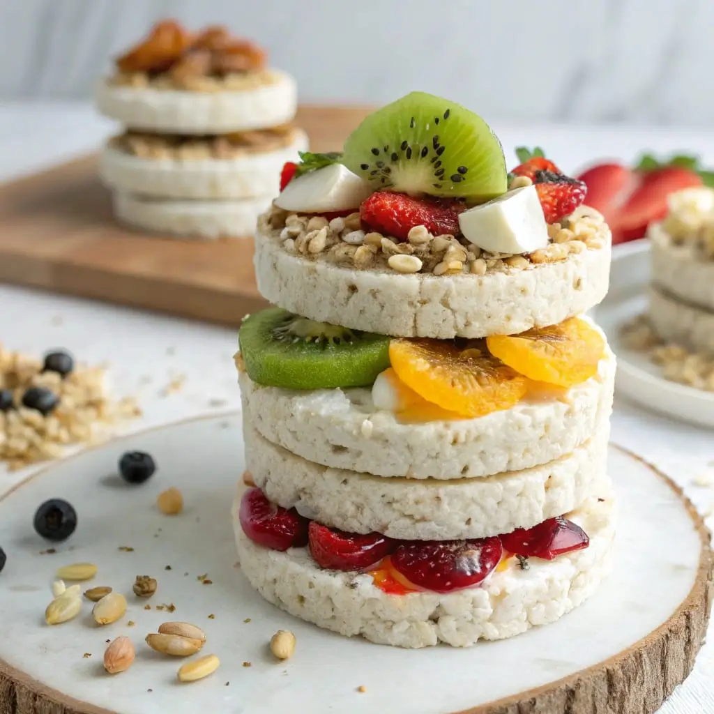 Rice Cake Stacks with Nut Butter and Fresh Fruit - Easy Quick Recipe - Easy Quick Recipe Crunchy rice cake topped with peanut butter, banana, and chia seeds