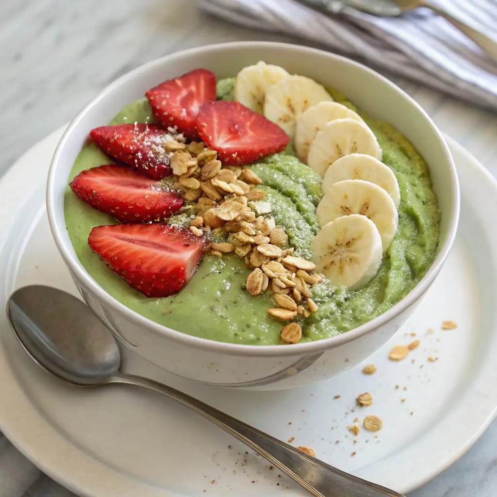 Matcha Overnight Oats for Kids – Colorful and Healthy Breakfast - Easy Quick Recipe A mason jar filled with green matcha overnight oats topped with sliced strawberries, blueberries, and mini chocolate chips.