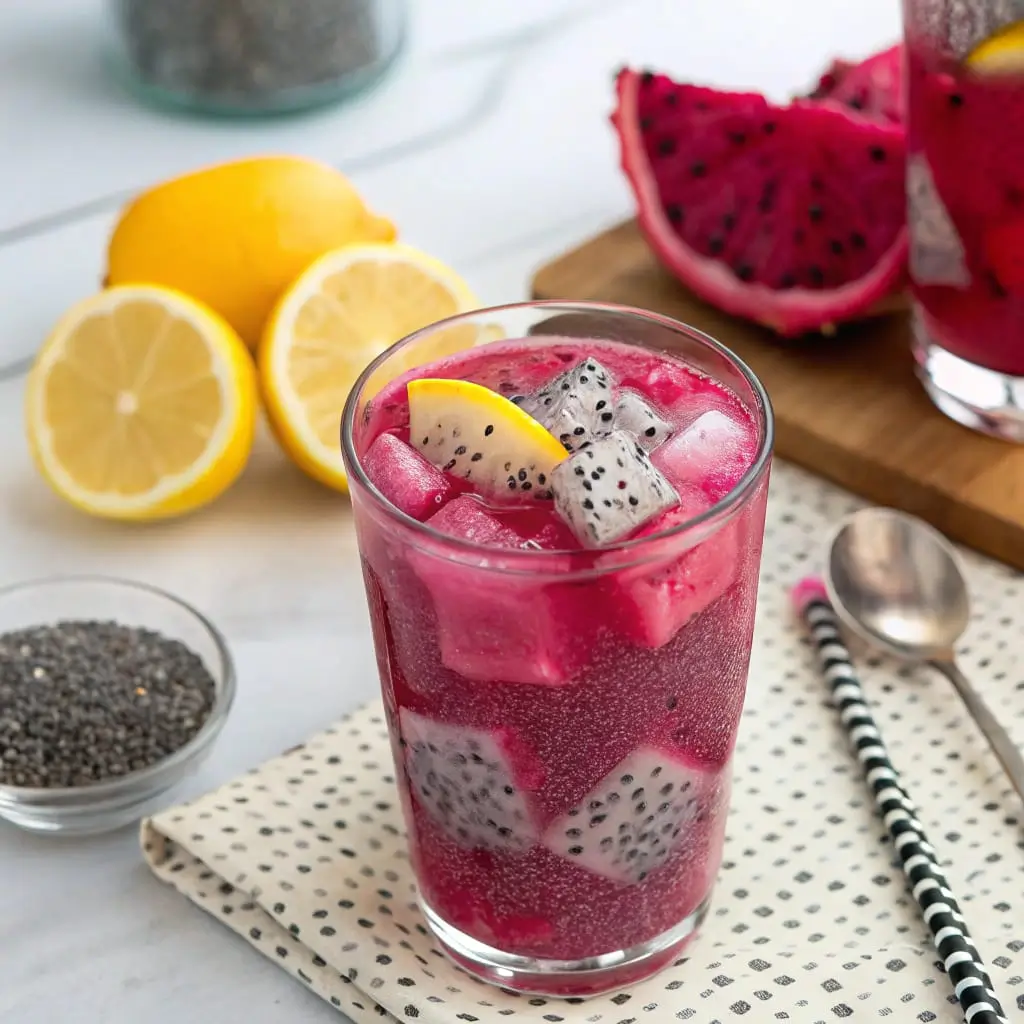 Vibrant pink chia dragonfruit lemonade in a mason jar with lemon slice and straw