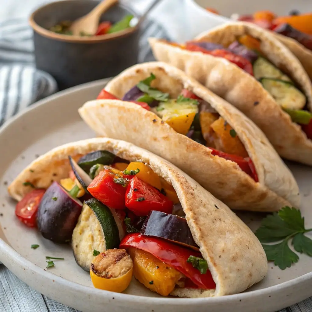 Warm pita pockets stuffed with colorful roasted vegetables—zucchini, bell peppers, red onion, and cherry tomatoes—drizzled with creamy hummus and fresh herbs.
