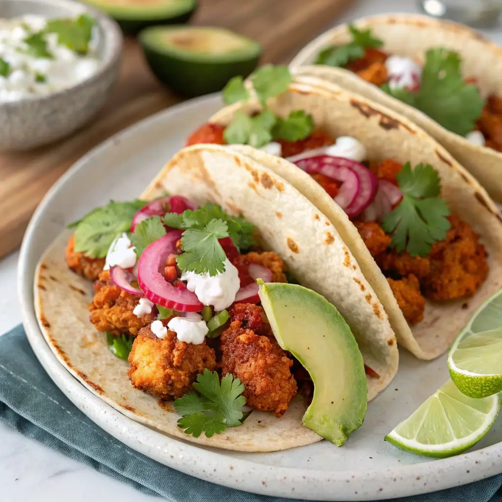 Harissa Cauliflower Tacos – Bold, Spicy & Totally Plant-Based - Easy Quick Recipe - Easy Quick Recipe Spicy harissa-roasted cauliflower tucked into soft corn tortillas, topped with shredded cabbage, avocado slices, and a drizzle of creamy yogurt sauce, garnished with fresh cilantro.