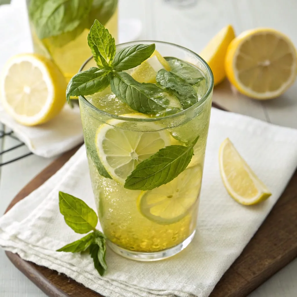 Iced Lemon Basil Protein Tea – Zesty, Herbal & Energizing Hydration - Easy Quick Recipe - Easy Quick Recipe A refreshing glass of Iced Lemon Basil Protein Tea with pale yellow-green hues, floating lemon slices, fresh basil leaves, and ice cubes, served with a stainless steel straw.