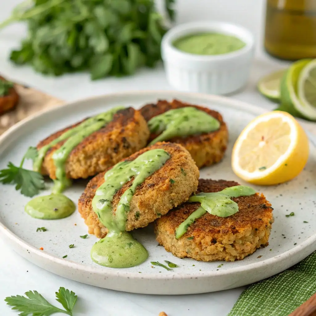 Crispy lentil cakes served with a vibrant green tahini sauce made from herbs, lemon, and garlic.
